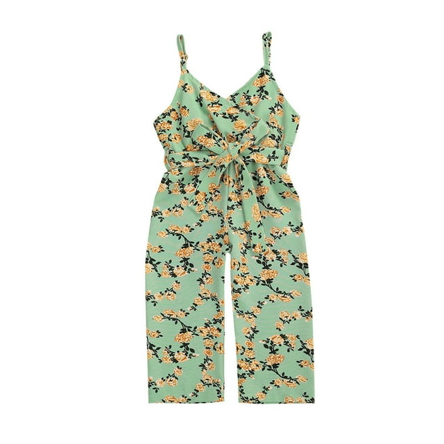 Combinaison pour Fille, Pantalon à Bretelles, Vêtements d'Été Sans Manches à Imprimé Floral avec Boutons et Laçage