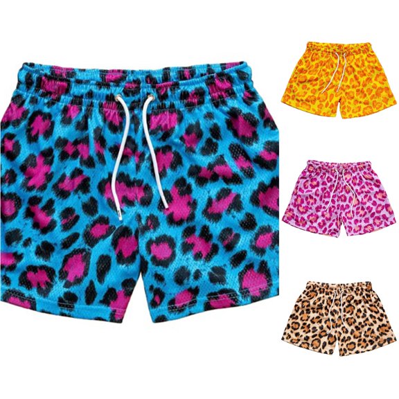 XAOFW Mens Shorts With Leopard Print Mesh Shorts Fitness Sports Beach Shorts For Men Comfortable Bottom L