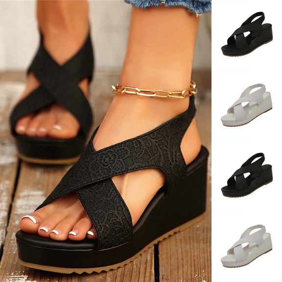 Miluxas Wedge Sandals for Women Dressy: Comfortable Open Toe Elastic Ankle Strap Platform Sandal Casual Low Heel Bohemian Summer Shoes White 9.5(43)