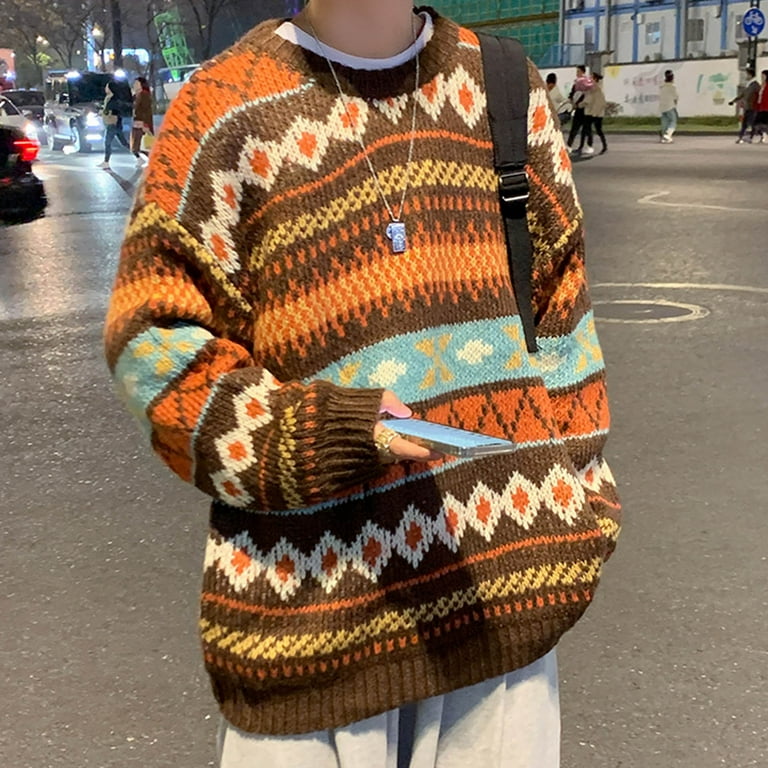 fartey Men's Vintage Grandpa Sweaters Oversized Striped Aztec