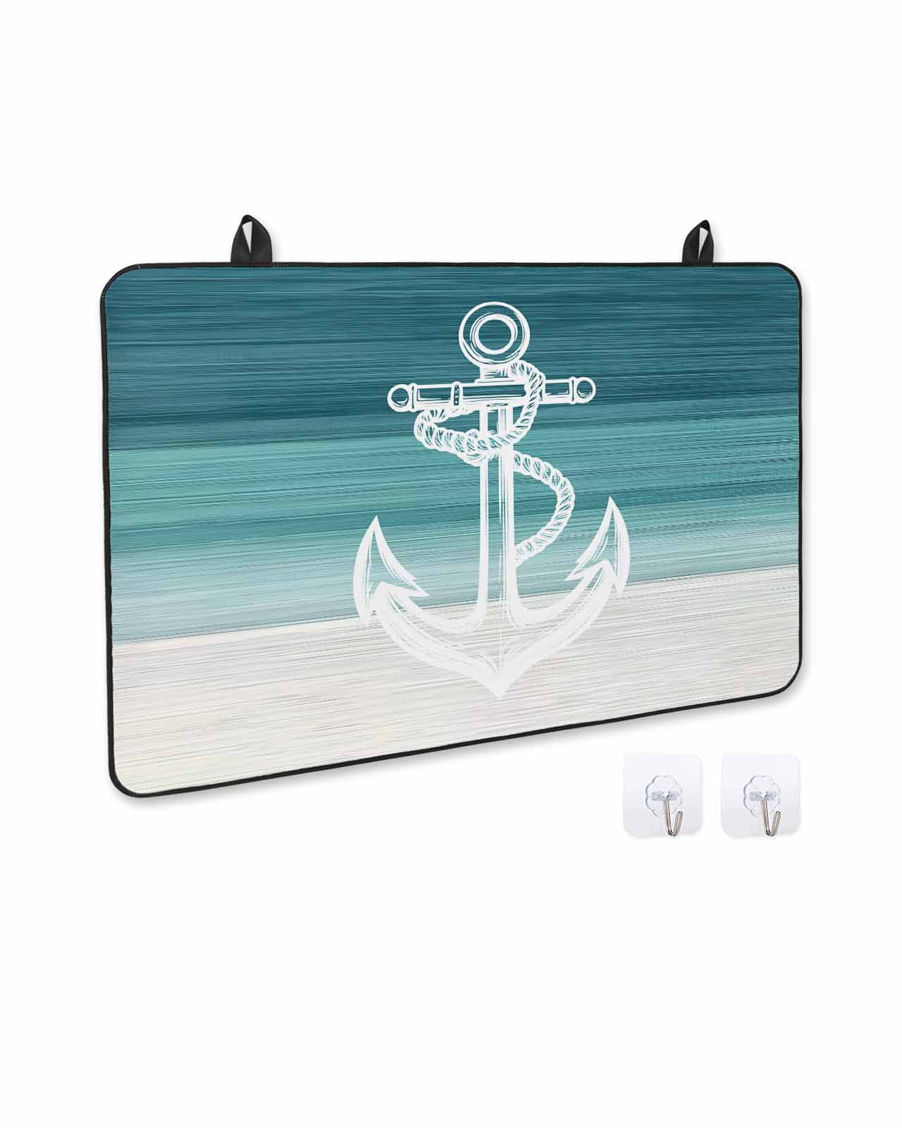 nqOlkjepod Large Induction Cooktop Protector Mat 24"x21", Nautical Anchor Teal Green Stove Top Covers for Electric Stove, Coastal Ocean Ombre Striped Stove Burner Cover Mats, Glass Top Stove Cover