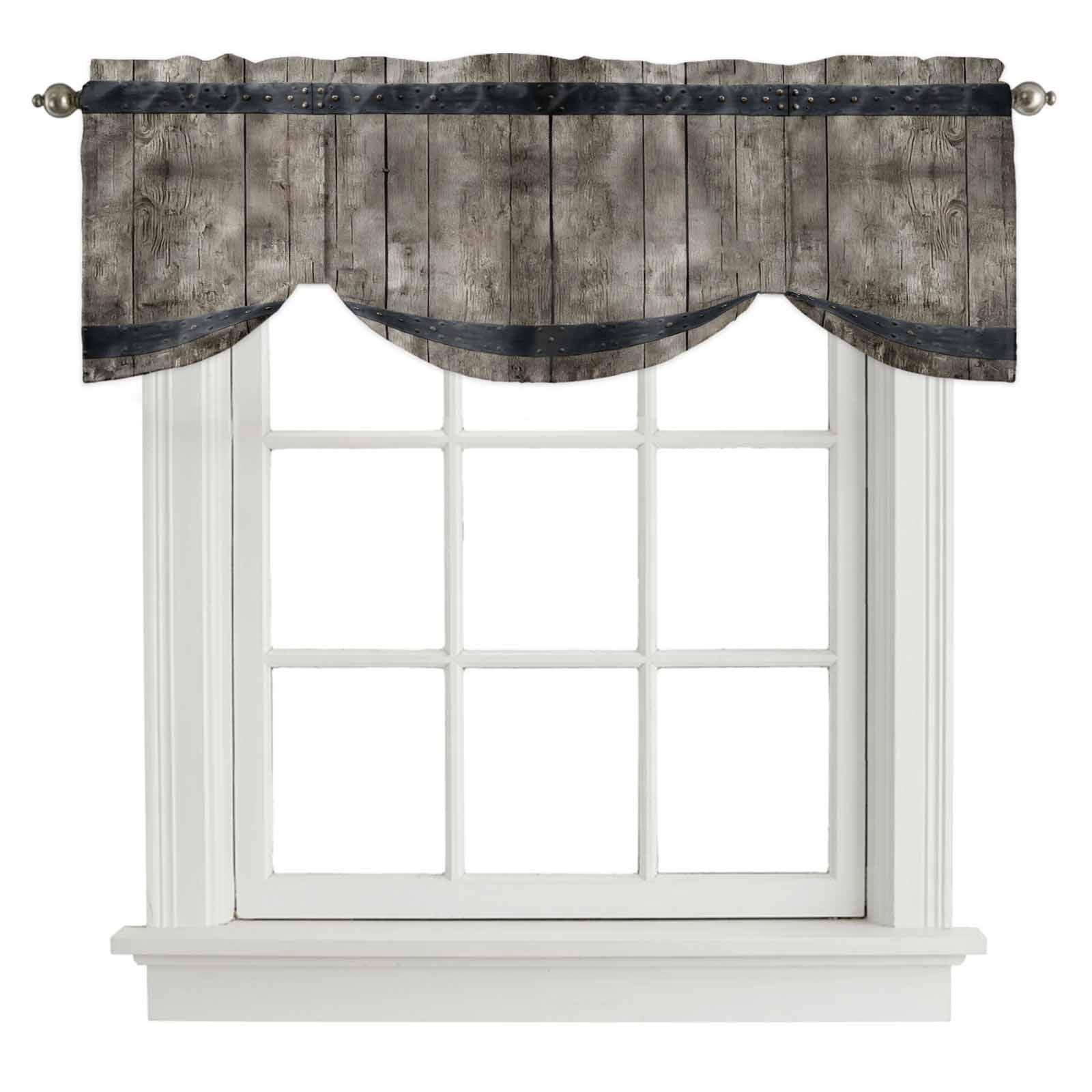 Country Barn Door Tie Up Valances Curtain, Adjustable Kitchen Distressed Retro Brown Wood Grain Rivet Valances for Windows Decor, Rod Pocket Short Curtains Set for Bedroom/Bathroom, 54"x18"