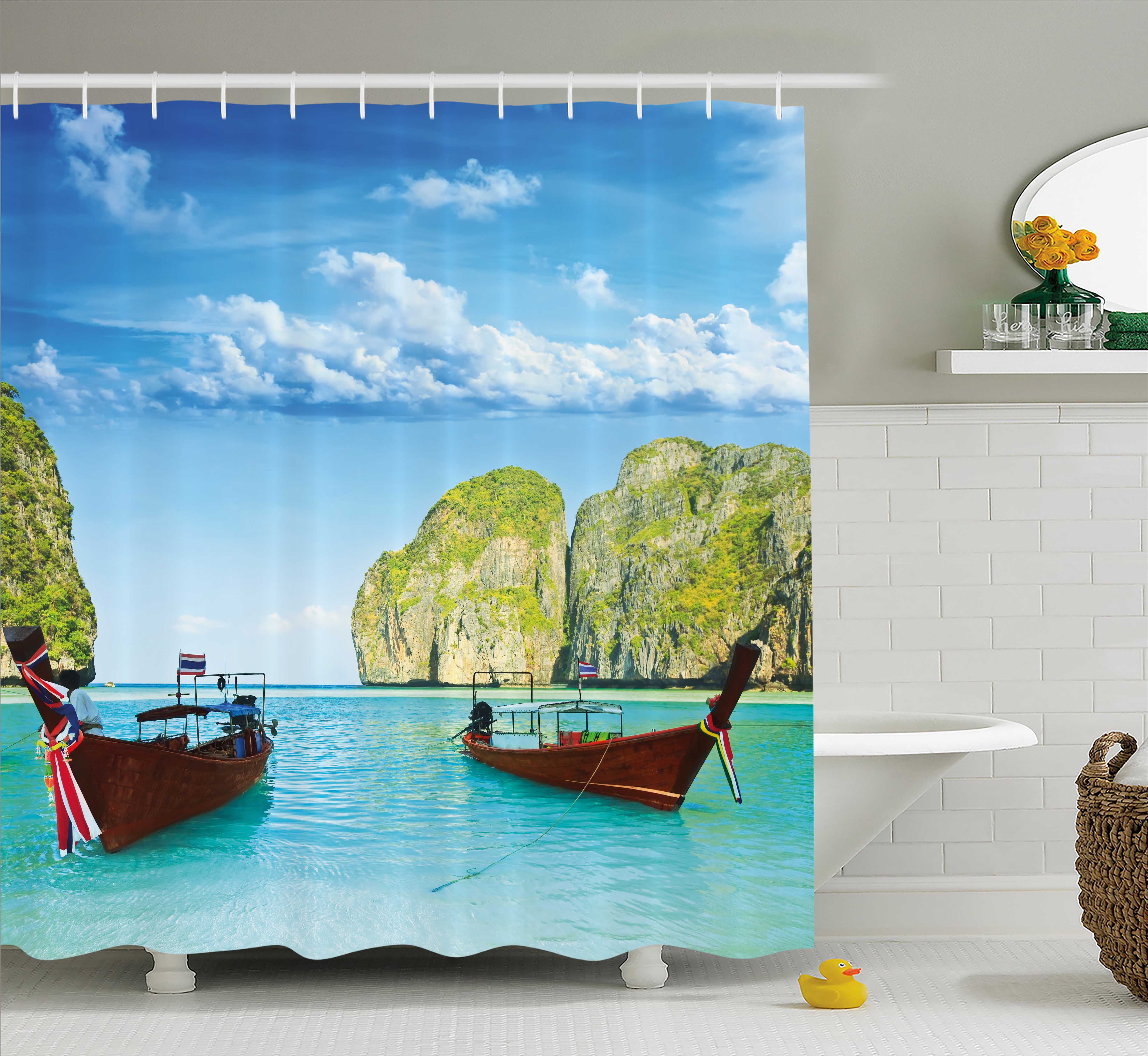 Landscape Shower Curtain, Traditional Longtail Boats at Maya Bay in