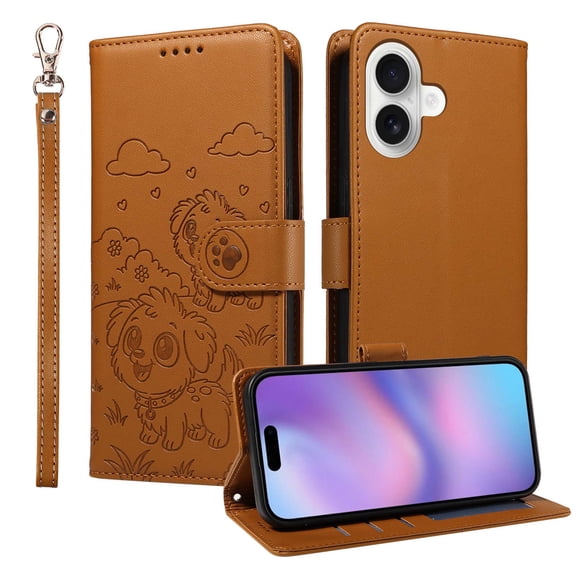 For iPhone 16 Plus Flip Phone Case,Dogs Embossed Design,With Wrist Strap,Card Slots,Flip Folding Kickstand,Anti-Scratch PU Leather Shockproof Anti-fall Drop Protection,Folio Phone Case,Brown