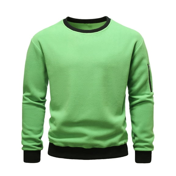Mens Fleece Sweatshirts with Zipper Pocket Crewneck Long Sleeve Shirts Casual Solid Color Loose Pullover Thermal Warm Basic Sweatshirt Tops