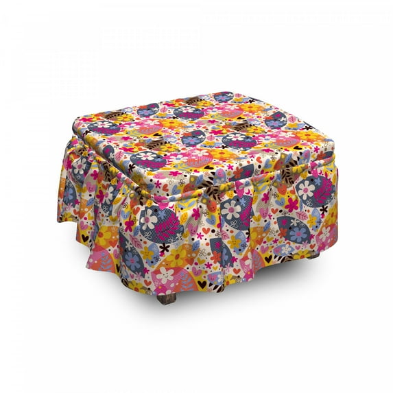 Floral Ottoman Cover, Spring Theme Happy Flowers, 2 Piece Slipcover Set with Ruffle Skirt for Square Round Cube Footstool Decorative Home Accent, Standard Size, Multicolor, by Ambesonne