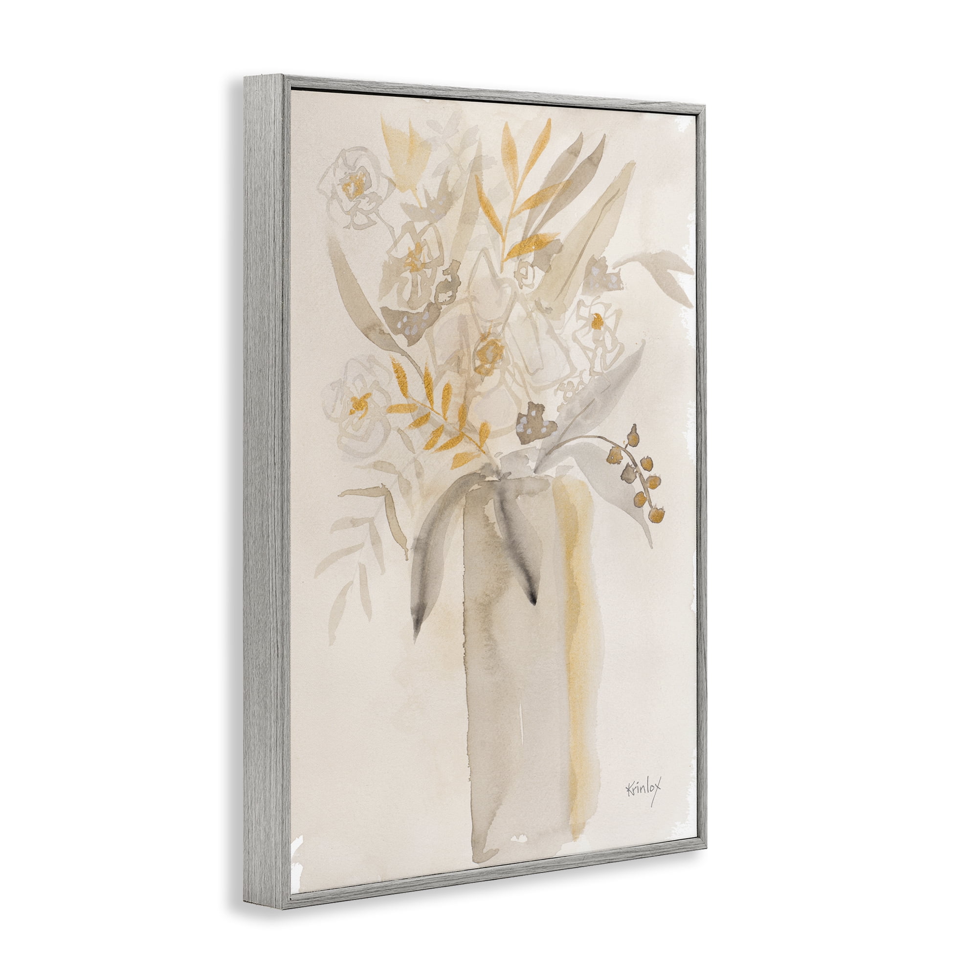Stupell Industries Earthy Soft Flower Vase Gray Framed Giclee Art, design by Krinlox