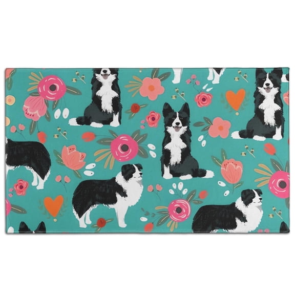 Border Collie Dog and Flower Florals Door Rugs,Washable Non Slip Door Mats Indoor,Decorative Door Mats,Entry Mat Indoor for Entrance,Bedroom,Kitchen,Bathroom,17"x30"