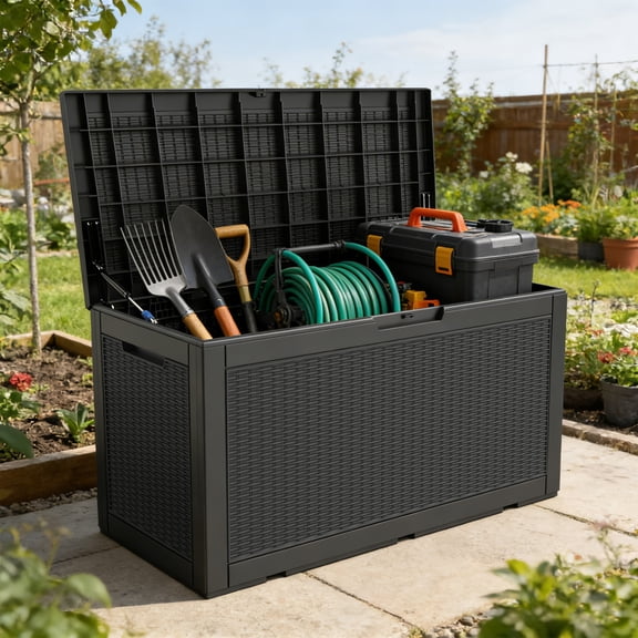 Patio Casual 100 Gallon Lockable Resin Deck Box, Waterproof & Outdoor Storage Box for Outdoor Cushion Storage and Outdoor Delivery Storage, Stylish Outdoor Bench,black