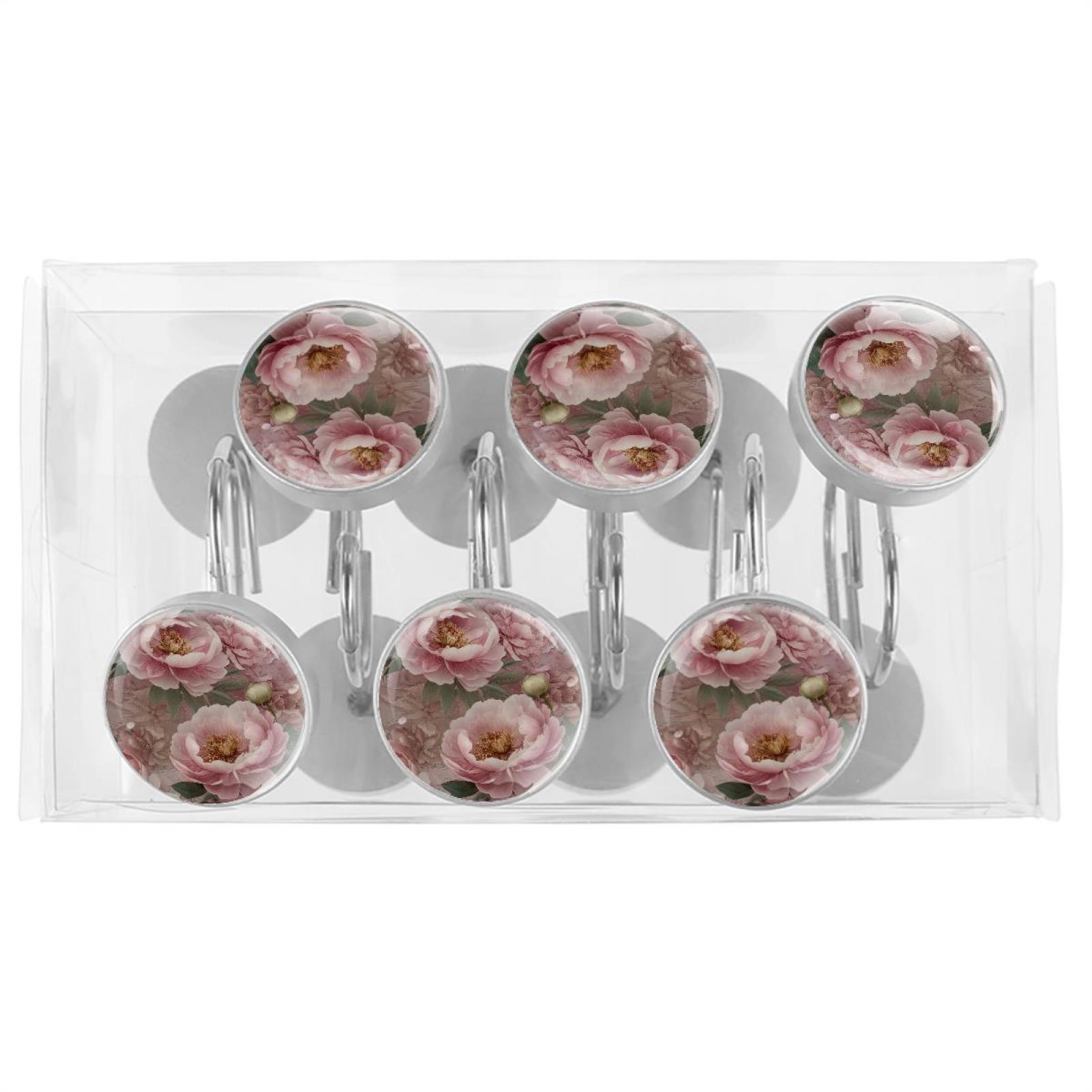 Imobaby 12 Pcs Metal Shower Curtain Hooks Rust Proof for Shower Curtain Liner - Vintage Pink Carnation