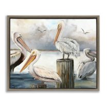 Stupell Industries Pelicans Perched Cloudy Horizon Nature Painting Brown Floater Framed Canvas Art Print Wall Art, 21 x 17