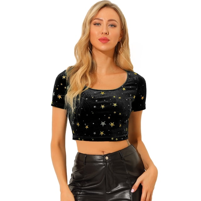 Top Corto De Terciopelo Para Mujer, Cuello Cuadrado, Manga Corta, Casual, Ajustado, Camiseta Negro L