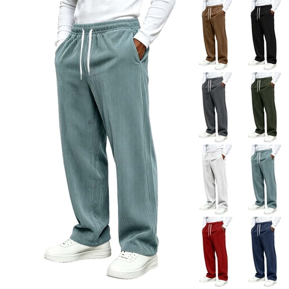 Men's Corduroy Casual Pants Fashion Wide Leg Trousers Straight Sweatpants Elastic Waist Drawstring | Zenithor,Army Green L