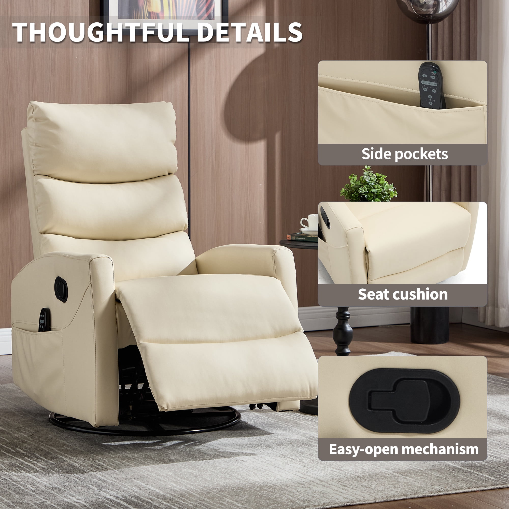 Aukfa 360° Swivel Recliner Rocking Chair with Massage and Heat for Living Room & Nursery, Leather, Beige