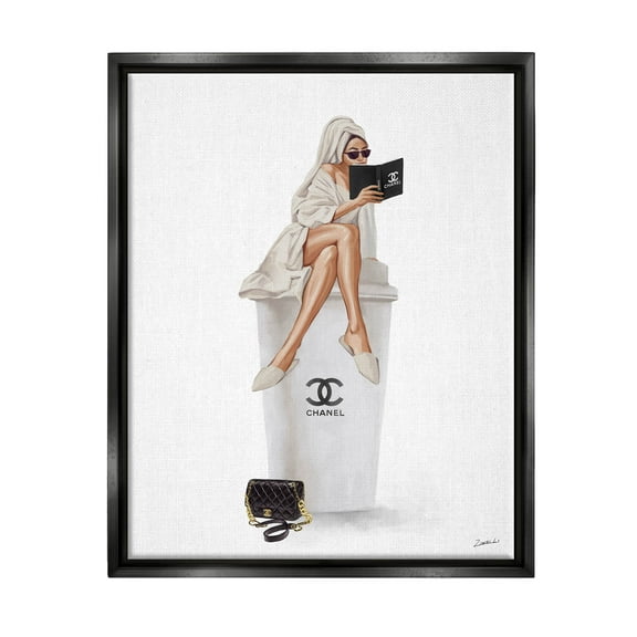 Stupell Industries Fashion Brand Emblem Coffee Cup Woman Graphic Art Jet Black Floating Framed Canvas Print Wall Art, Design by Ziwei Li