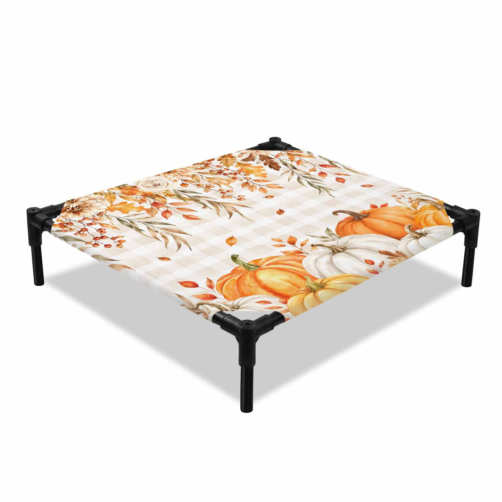 Thanksgiving Elevated Dog Bed Harvest Orange White Pumpkin Maple Leaf Plaid Cooling Breathable Outdoor Raised Dog Cot Bed with Metal Frame Non-Slip Feet for Small Dog 20x20in