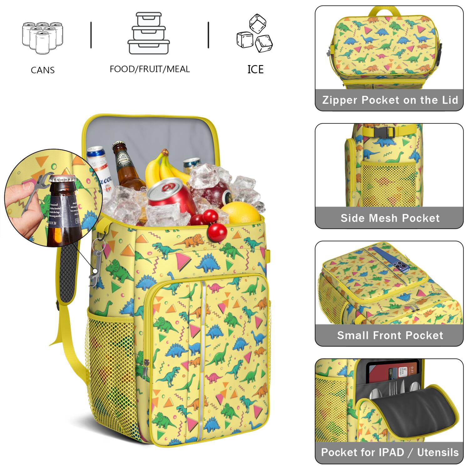 Travel Cooler Bag - Yellow Cartoon Dinosaurs Geometric Shapes Pattern Camping Beer Cooler Backpack with Bottle Opener- Waterproof Insulated Picnic Backpacks - Cooler Bag for Beach