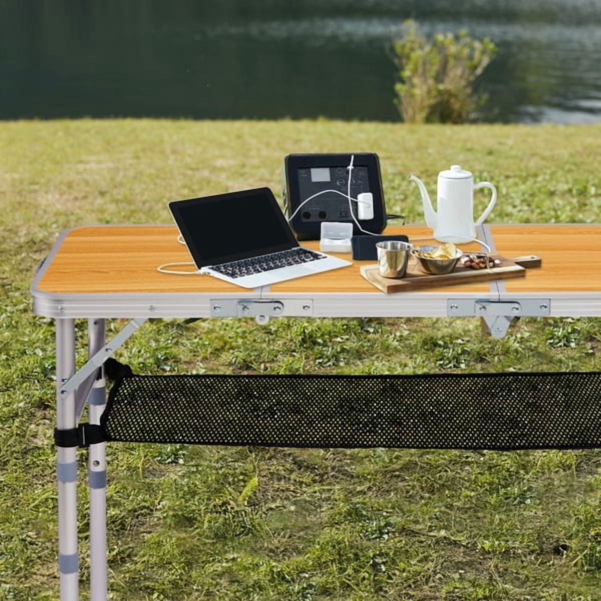 Wooden Pattern Folding Camping Table with 3 Height Settings & Mesh Storage Shelf, 110lb Capacity Portable Table for Outdoor Dining & Activities