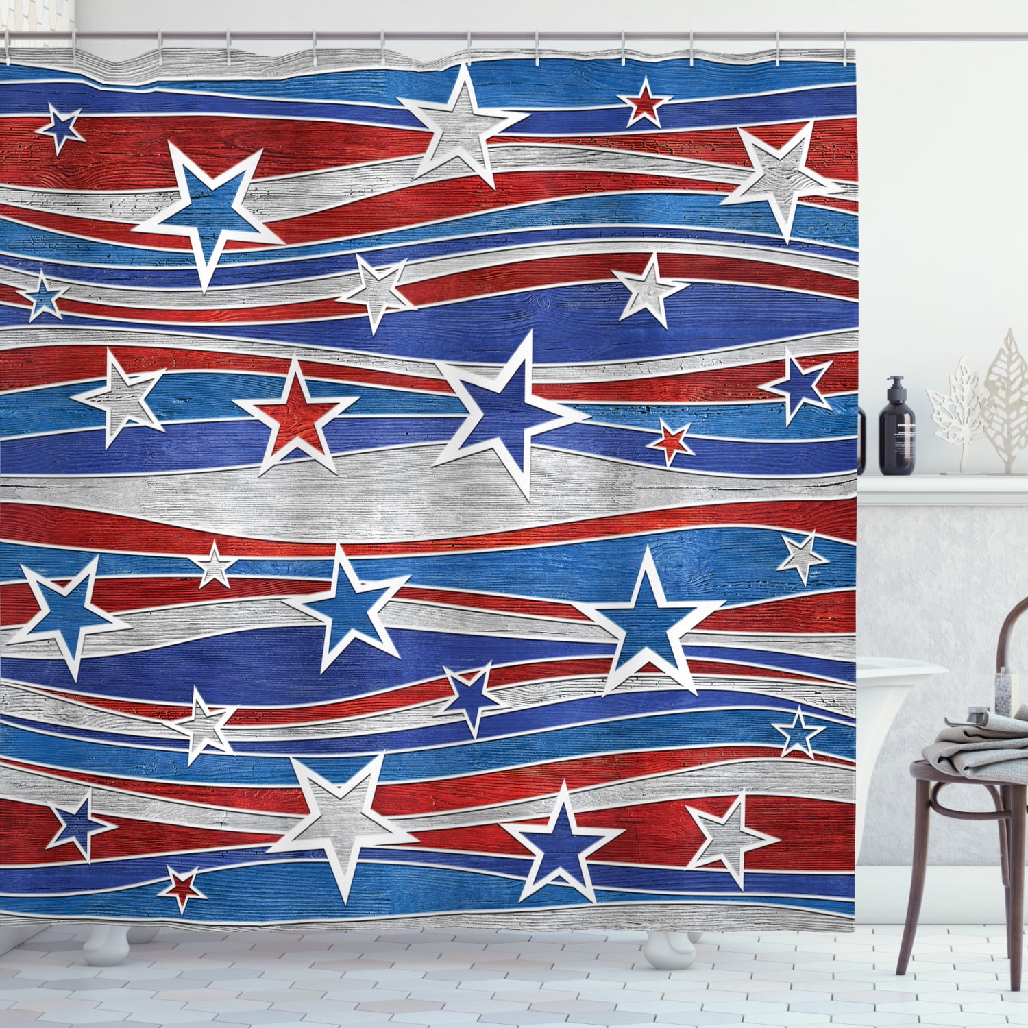 Wknoon 72 x 72 Inch Shower Curtain Set Abstract Vintage Patriotic Deer Old Forest Retro American Flag Design Art