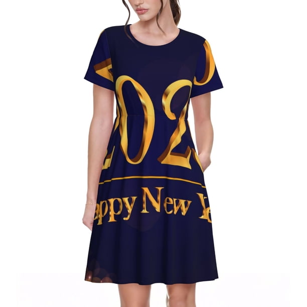 Balery 2025 Happy New Year 3 Vestidos sueltos de manga corta para mujer, vestidos de verano 2025, vestidos casuales de corte A con vuelo.