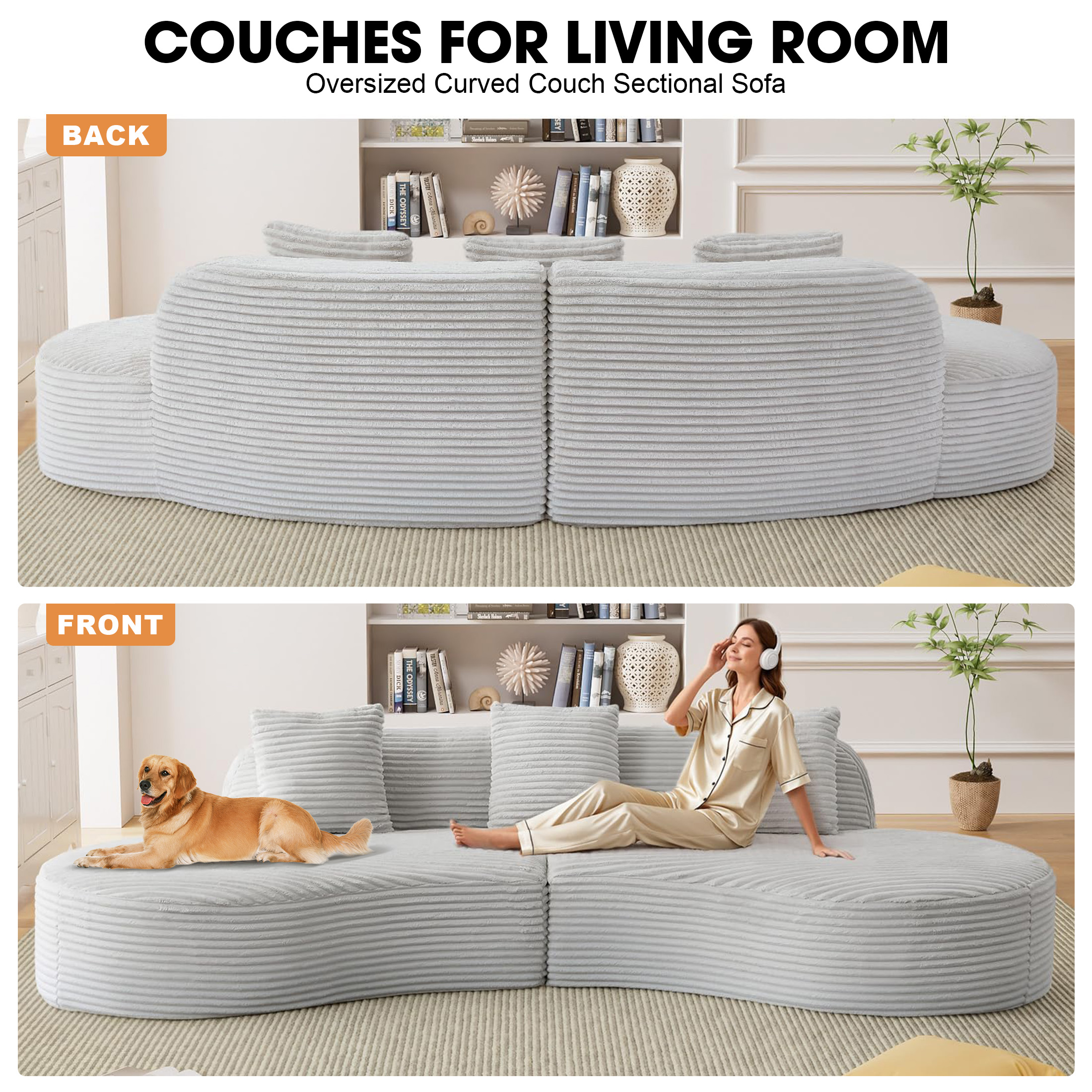 Aukfa 123.2" Oversized Cloud Sectional Sofa – Curved Upholstered Living Room Couch with 3 Pillows, No Assembly, Gray