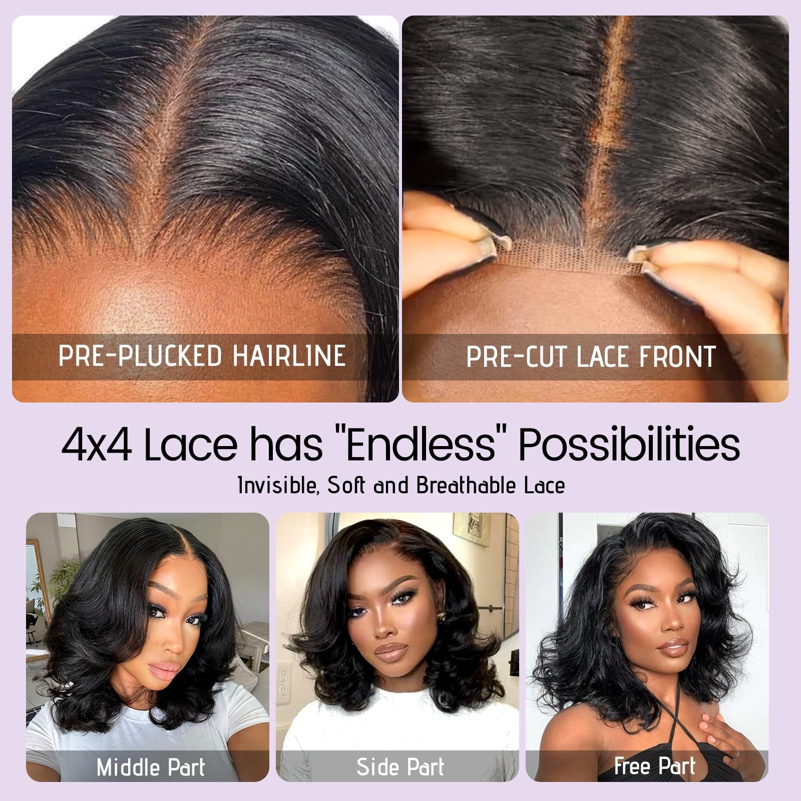 4x4 Wear and Go  Lace Closures Wigs Human Hair Natural Black Color Body Wave  Bob Human Hair Wigs for Black Women  Wet and Wavy Human Hair Bob Wigs ,No glue,easy to wear