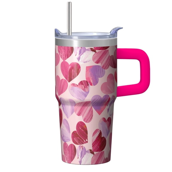 20oz Valentine's Day Red White Heart Handle Travel Tumbler with Straw Lid Coffee Cup for Women Gift
