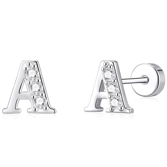 LUNVKY 18K White Gold Plated Initial Stud Earrings for Women with S925 Sterling Silver Post Letter A CZ Hypoallergenic Flat Back Earrings Birthday Christmas Jewelry Gifts Teen Stocking Stuffers