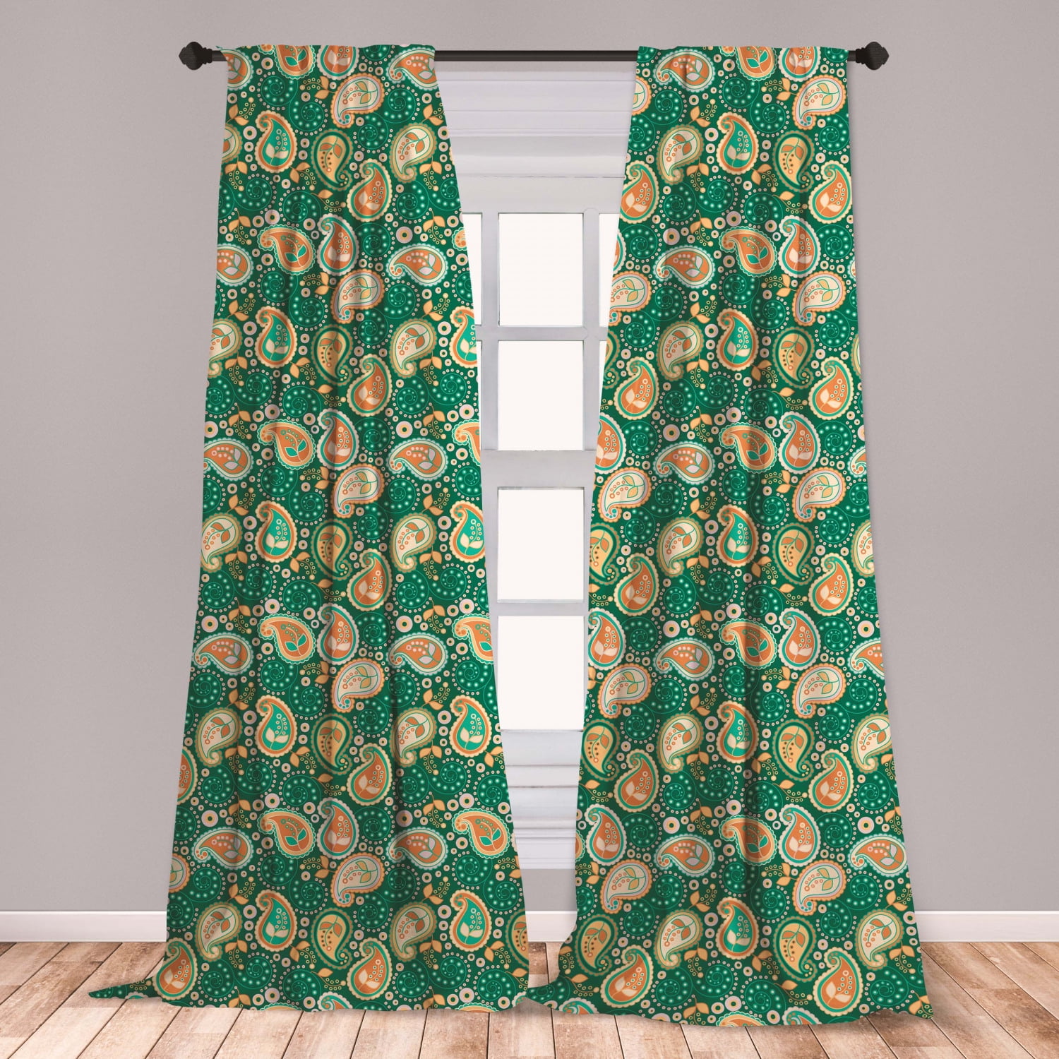 Ethnic Curtains 2 Panels Set, Paisley Leaves with Folkloric Features