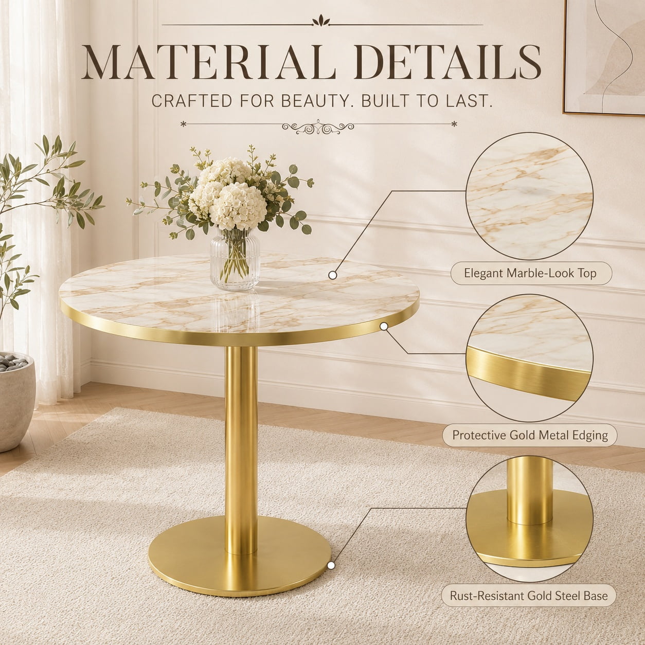 Aukfa 31.5" Round Sintered Stone Dining Table for 2-4, Kitchen Table Tulip Table with Gold Pedestal Base for Bistro Small Apartment,Calacatta Gold Marble