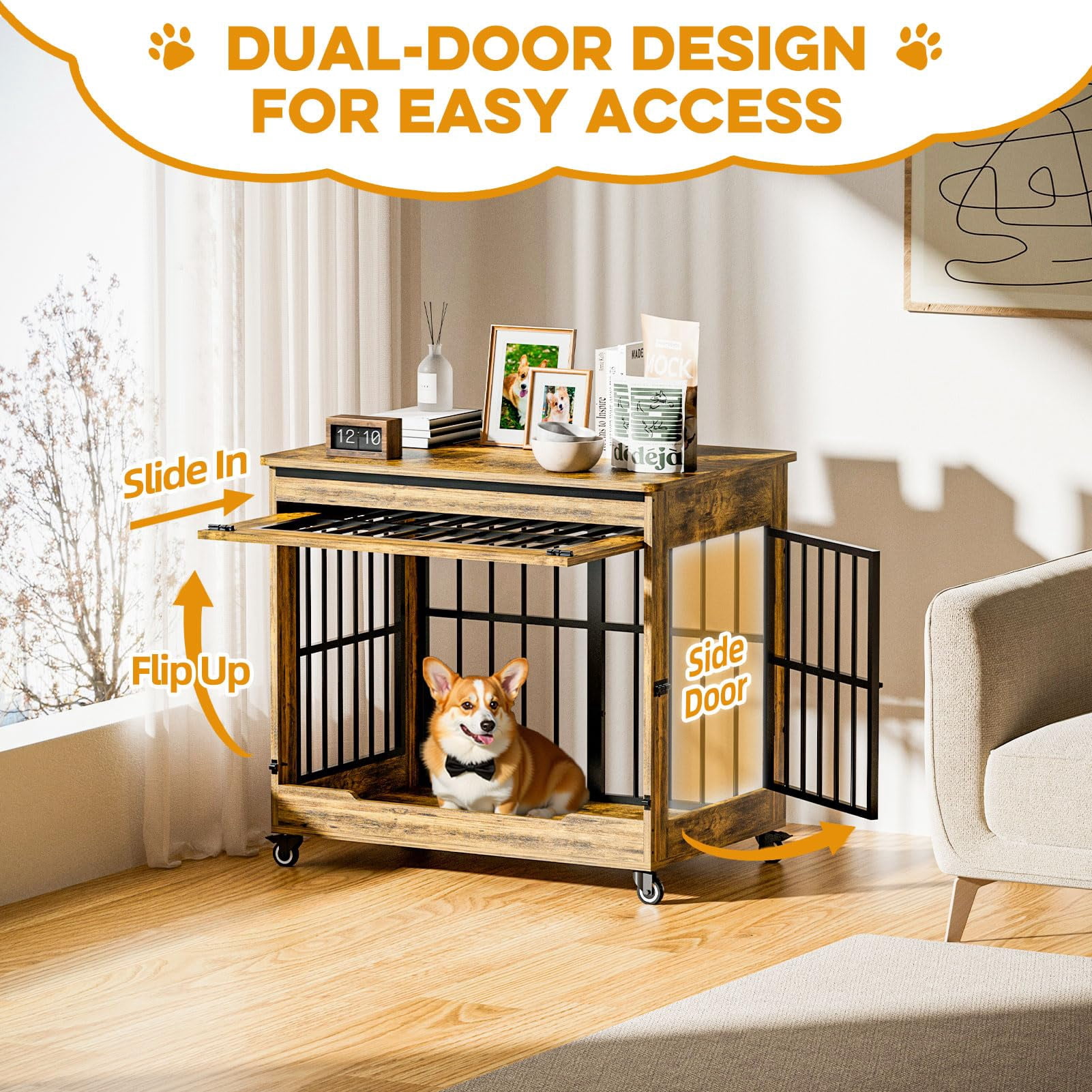 32" Dog Crate Furniture, Double Door Pet Cage End Table with Wheels for Medium and Small Breed Dogs