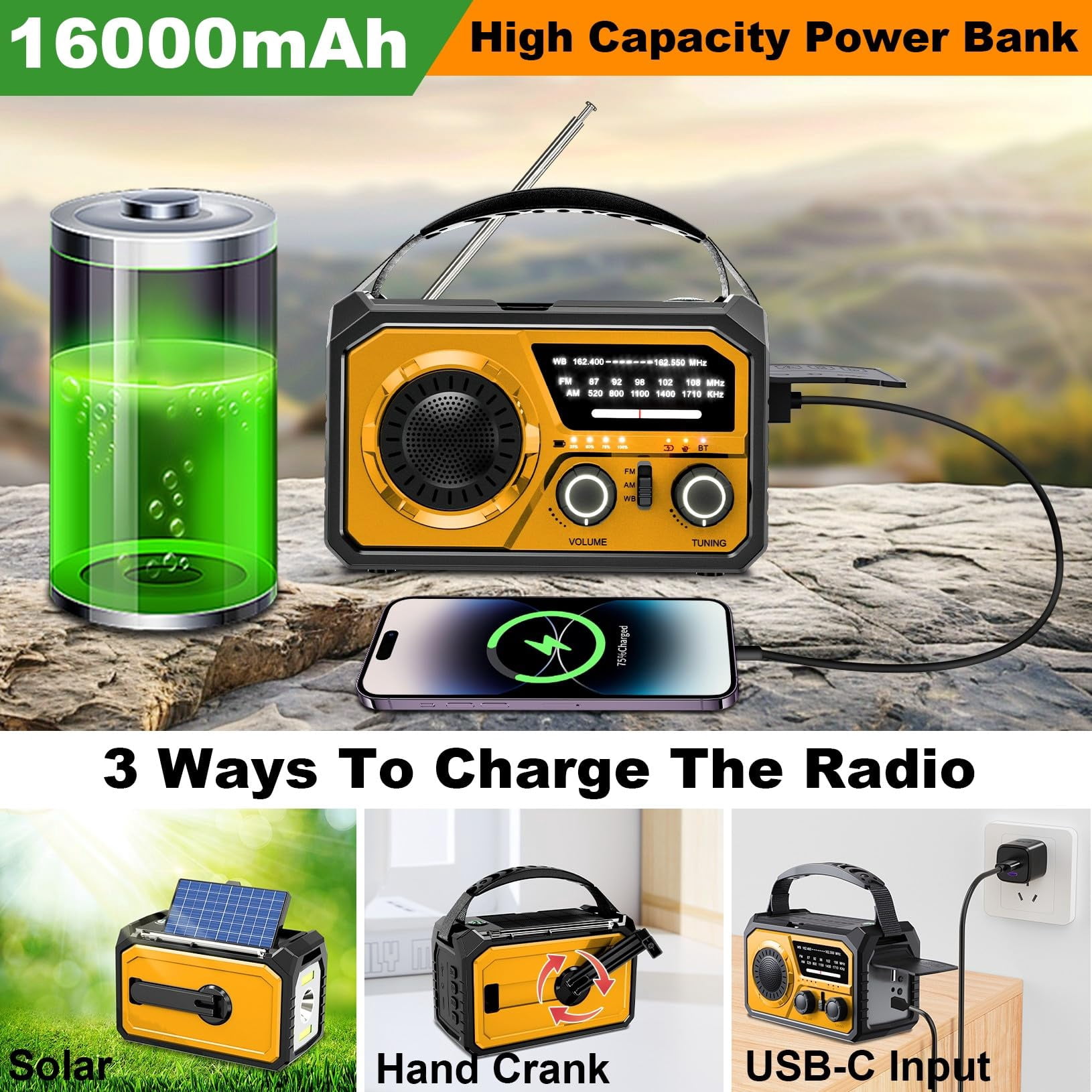 16000mah Hand Crank Emergency Weather Radio With Wireless  59200mwh Noaa Am Fm Solar Flashlight Cell Phone Reading Lamp Compass Sos For Camping And (orange)
