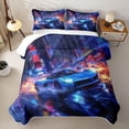 thumbnail image 2 of Castle Fairy Cyberpunk Blue Car Twin Quilt Set,Neon City Twin Coverlet Set for Bedroom,Blue and Orange, 2 of 7
