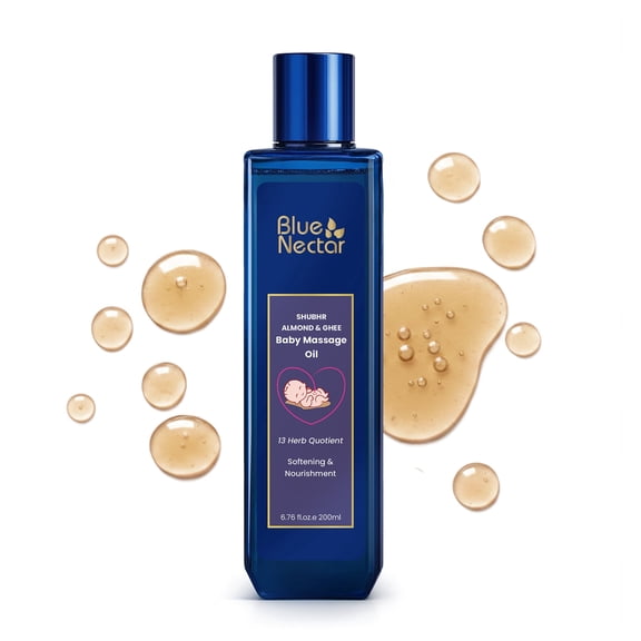 Blue Nectar Ayurveda Gentle Baby Oil for Newborn Skin Care | 100% Natural Moisturizing Coconut Oil, Ghee & Almond Oil for Baby Massage (13 Herbs, 6.76 Fl Oz)