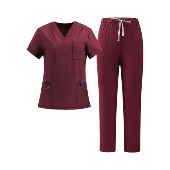 ASDFVBKG Scrubs for Women Scrub Set - Jogger Pant and V-Neck Top, 6 Pockets, Easy Care Uniforms Wine L