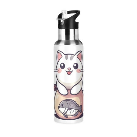 

Yayeee 20oz Double Wall Stainless Steel Water Bottle with Flip Straw White Cute Cat