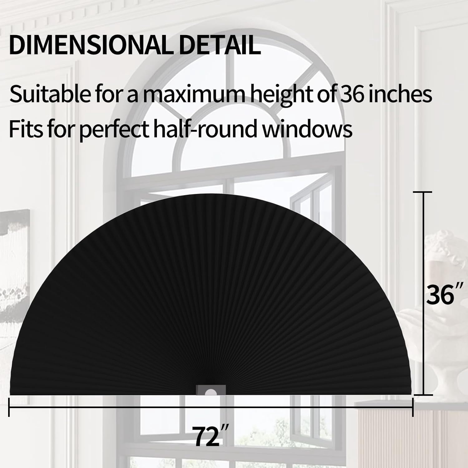 Arch Window Shades Half Circle Blackout Cellular Shades Cordless No Drill Blinds for Windows Half Moon Honeycomb Fabric No Tools Room Darkening Shades Easy Install (1PCS Black 72" W X 36" H)
