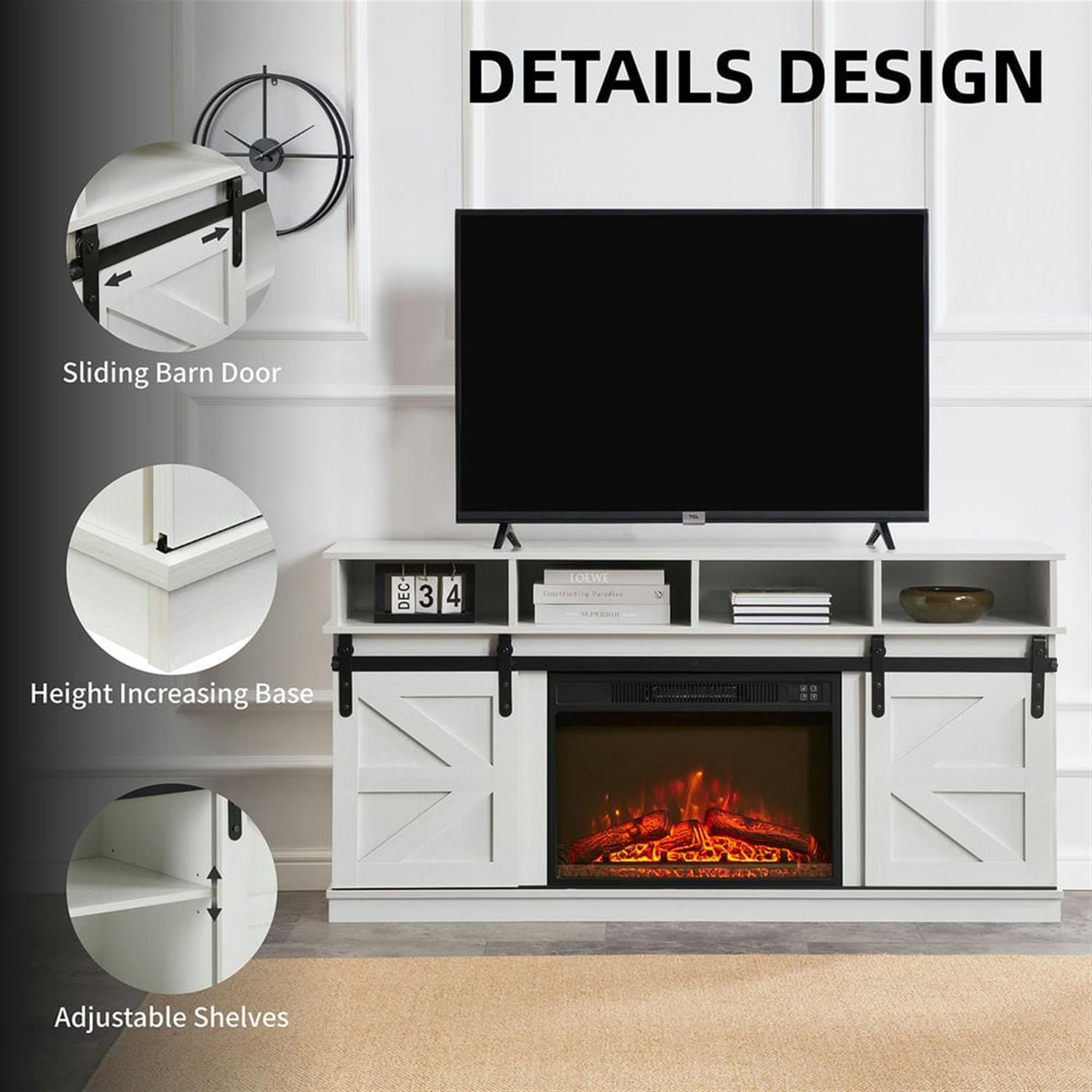 Demi Bonn Modern Farmhouse TV Media Stand for TV Up to 65'', Large Barn Inspired Home Entertainment Console with 23" Fireplace Insert, Open Shelves and Closed Cabinets, White