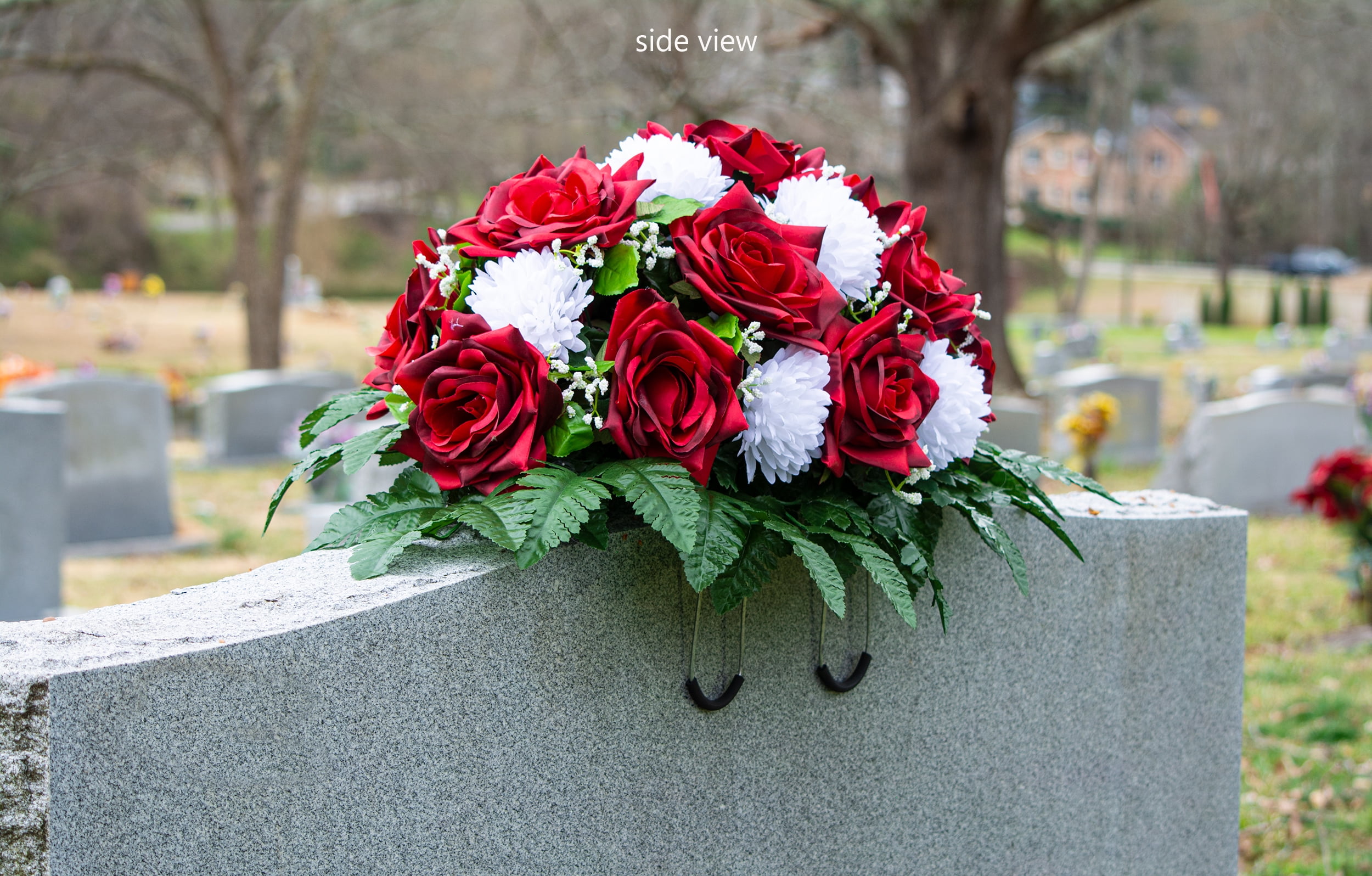 Sympathy Silks Artificial Cemetery Flowers 30" Red Open Rose/White Mum Saddle for Headstone