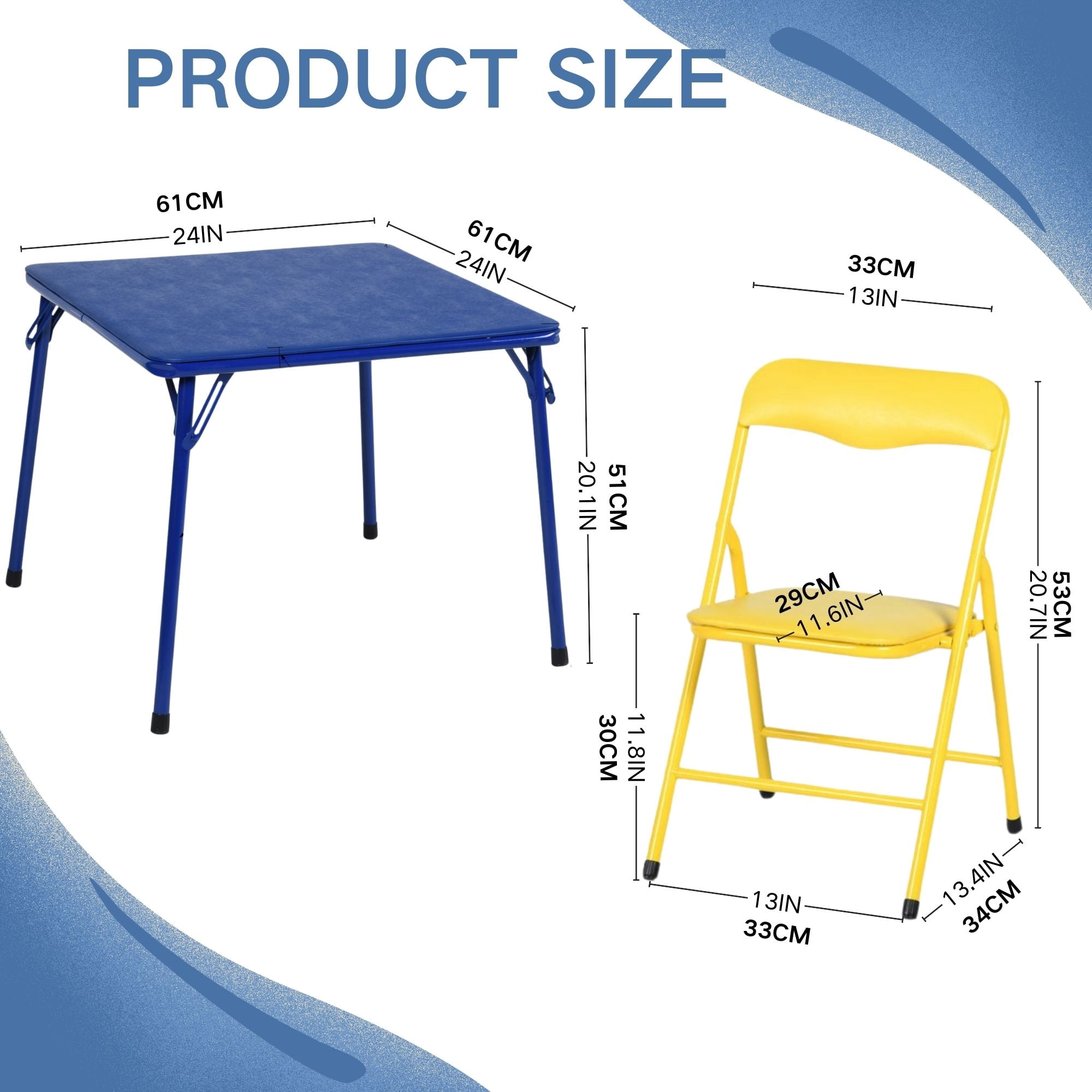 FurnitureR 5-Piece Kids Folding Table and Chair Set, Colorful Metal Activity Play Table with 4 Seats, No Assembly Required, Vinyl Padded for Playroom, Daycare, School