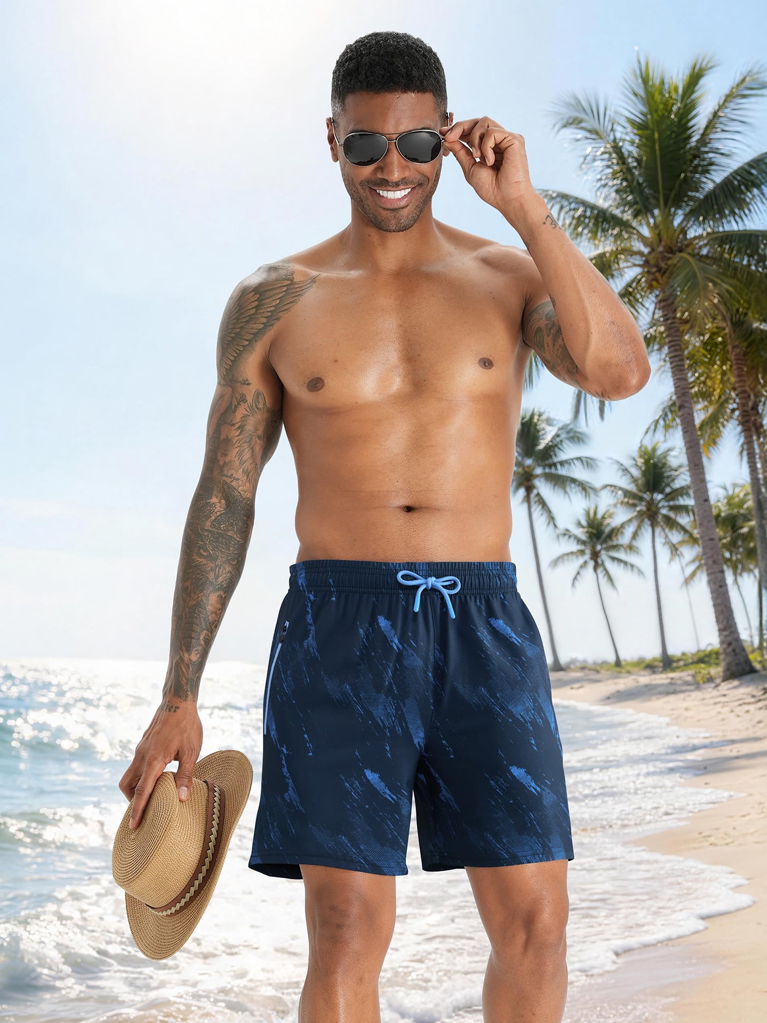 APTRO Mens Swim Trunks with Compression Liner 5 inch Inseam Quick Dry 2 in 1 Beach Bathing suits with Zipper Pockets 1-Blue L