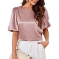 thumbnail image 4 of Women'S Satin Silk Blouses Puff Short Sleeve Dressy Casual Tops Loose Fit Crew Neck Cropped Shirts Pink L, 4 of 10