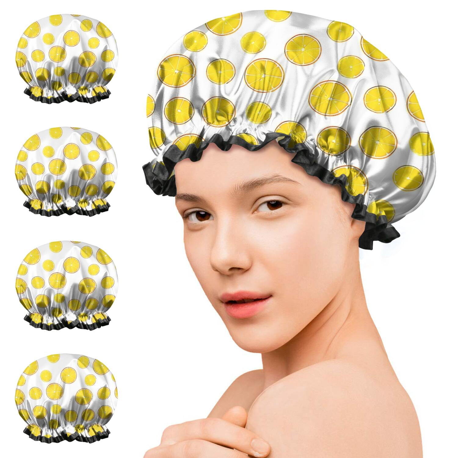 Shower Caps,Yellow Lemon Fruit Slices White Pattern Waterproof Shower Cap for Women 4 Pieces,Double Reusable Hair Cover for Shower PEVA Elastic Stretch Hem