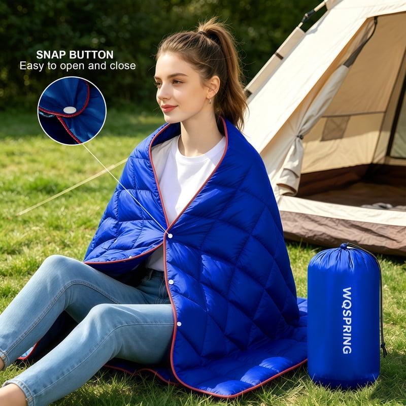 Ultra-Packable Blue Camping Blanket Sleeping Bag Hybrid 79"x55" Waterproof Outdoor Quilt with Compression Sack, Lightweight Travel Blanket for Hiking, Stadium, Backpacking, All Season Tent Camping