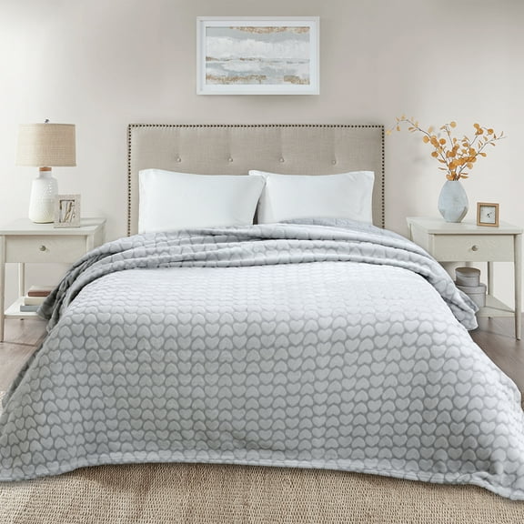 Velvet Plush Blanket Grey Hearts Twin 66x86