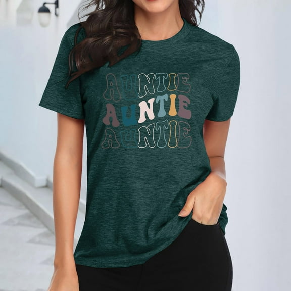 Auntie T Shirt Women Cute Heart Print Aunt Tops Tees Casual Short Sleeve Vacation Shirts Tops Shirts for Women Tall Neck Shirts for Women Stripped Shirts for Women Womens Running Tee Shirts Ladies