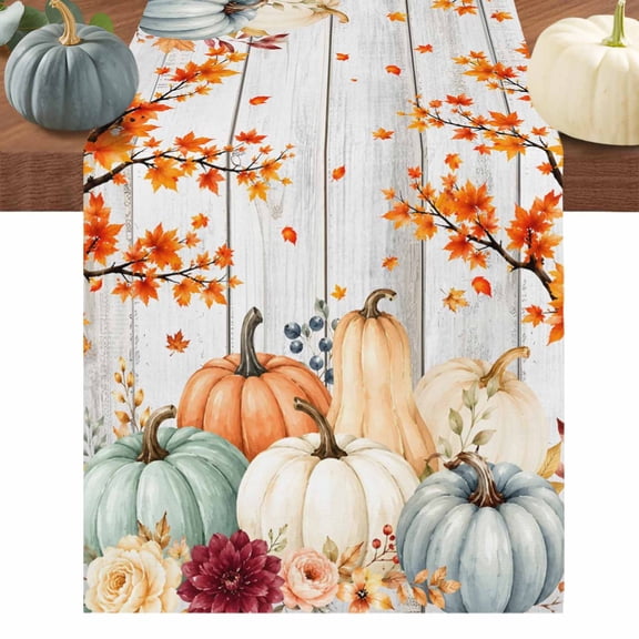 Thanksgiving Fall Table Runner 90 Inches Long, Pumpkin Autumn Vintage Maple Leaf Cotton Linen Table Runners Dresser Scarves, Decorative Fabric Tabletop Scarf Furniture Cover for Dinner Party 13"x90"