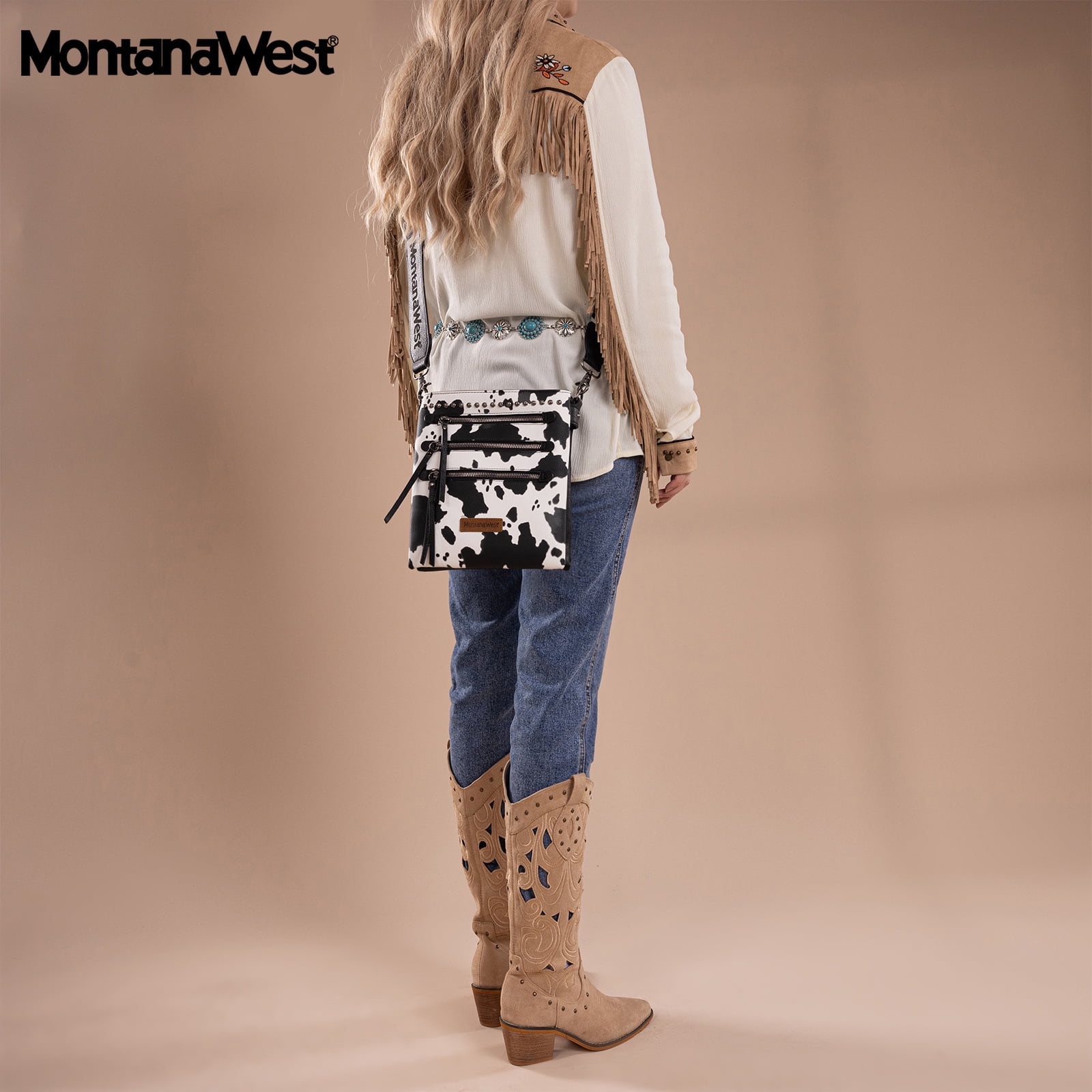 Montana West Crossbody Bags for Women Multi Pocket Cross Body Bag Purses with Guitar Strap, Cow Dark Black