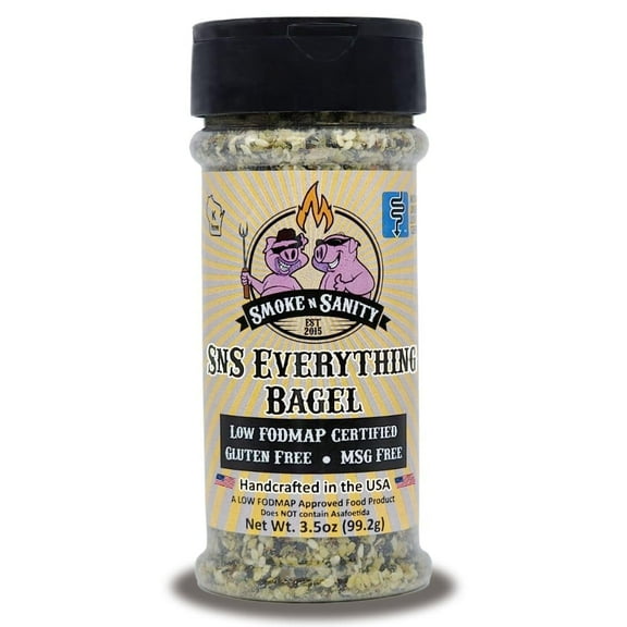 Smoke n Sanity SnS Everything Bagel Seasoning - Monash Certified Low FODMAP - Gluten-Free - Certified Kosher - Dairy-Free - Low FODMAP Food - Vegetarian (3.5 oz Shaker)