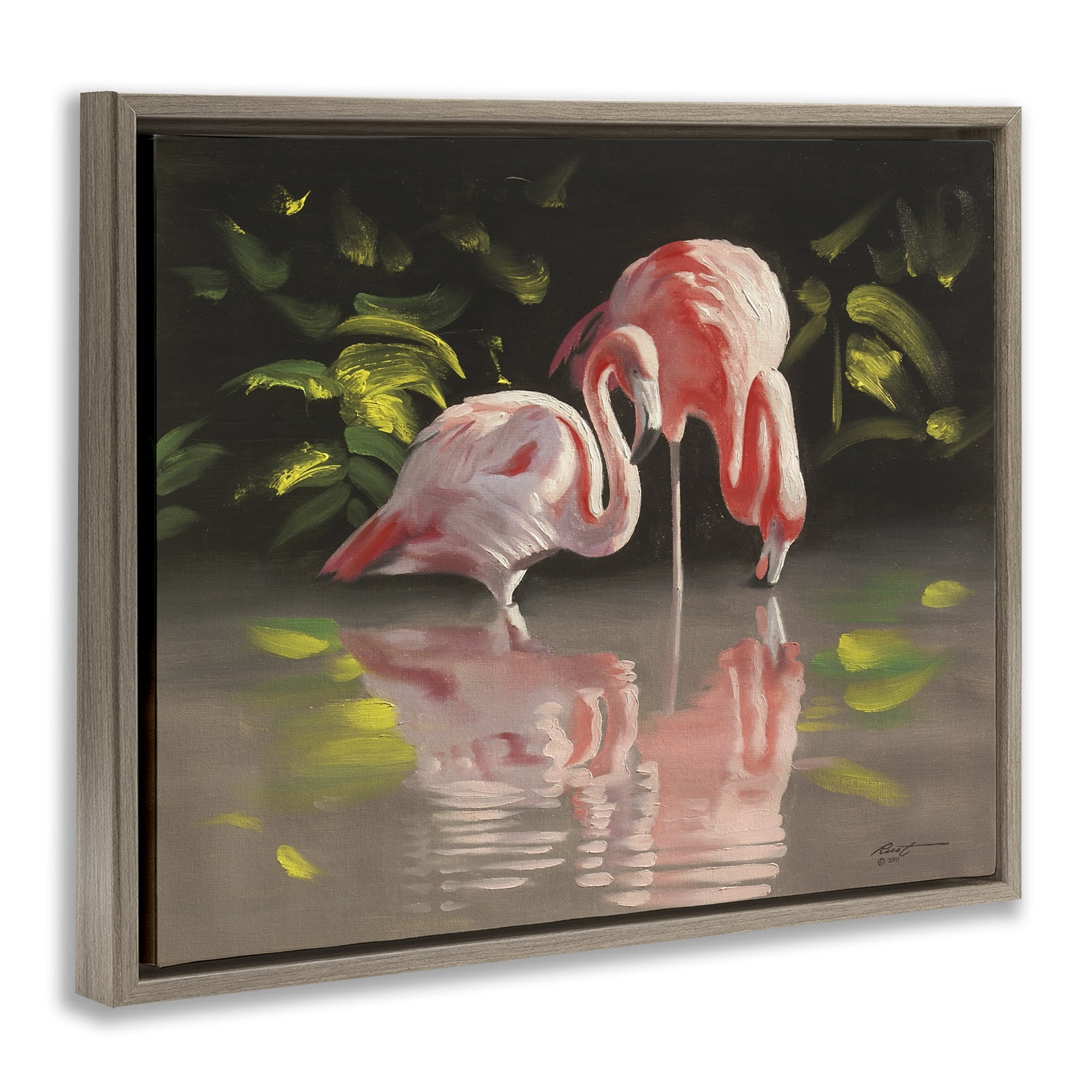Stupell Industries Flamingos with Pond Reflection Animals & Insects Painting Brown Floater Framed Canvas Art Print Wall Art, 31 x 25